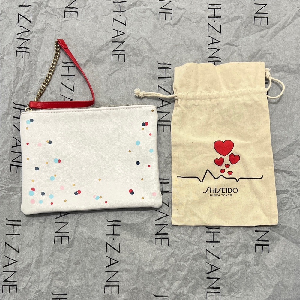 White Pouch with Colorful Dots and Red Strap